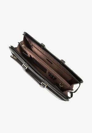 Borsa a tracolla in pelle nera con chiusura a zip, scomparti multipli e un interno liscio. Presenta hardware in oro e una tasca organizzativa.