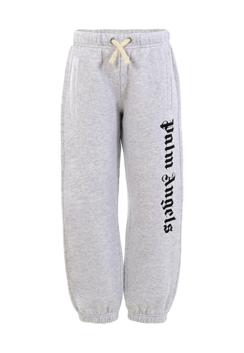 Grijze sweatpants met een trekkoord in de taille en elastische boorden. Kenmerkt zich door een verticale zwarte bedrukte tekst "Palm Angels" op het linkerbeen.