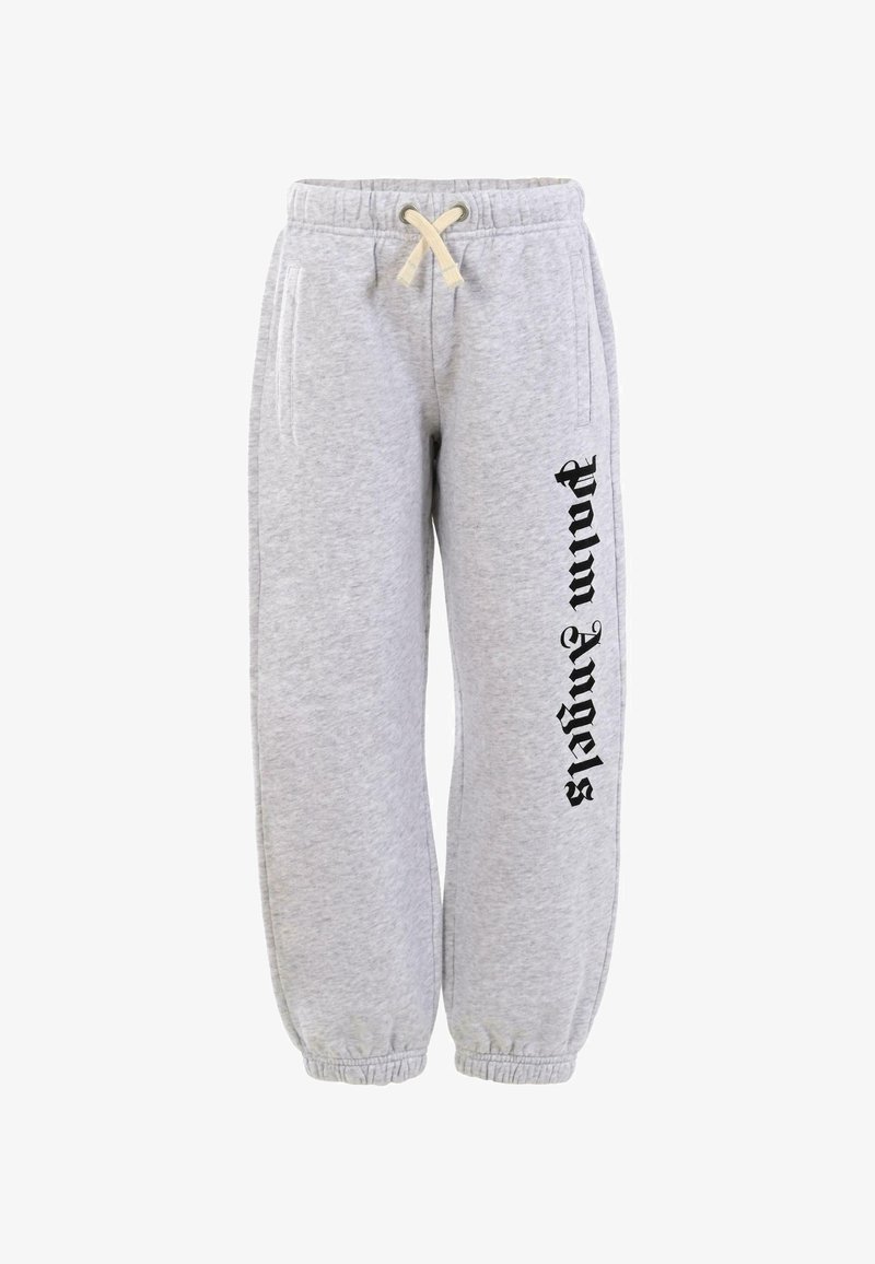 Grijze sweatpants met een trekkoord in de taille en elastische boorden. Kenmerkt zich door een verticale zwarte bedrukte tekst "Palm Angels" op het linkerbeen.