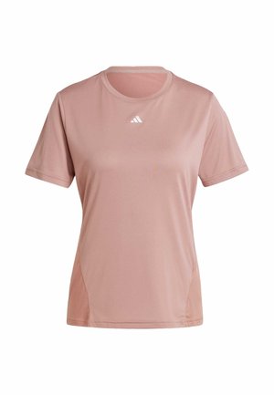 Lyhythihainen urheilupaita pehmeästä vaaleanpunaisesta kankaasta, jossa on pyöreäkaula-aukko ja valkoinen Adidas-logo rinnassa. Sujuva pinta ja istuva muotoilu.