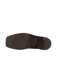 Suela de zapato de cuero oscuro con forma redondeada, que presenta un detalle de logo en relieve y ranuras horizontales para tracción. Apariencia desgastada evidente.