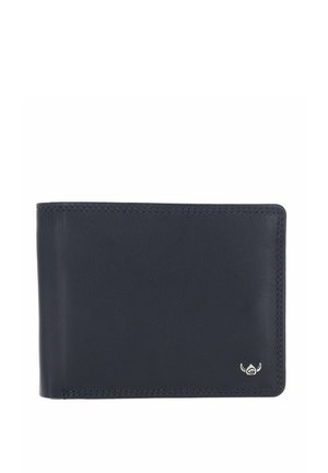 Black leather bifold wallet with subtle stitching and a small silver emblem in the lower right corner against a white background.