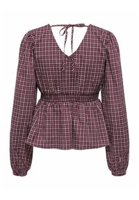 Blouse à manches longues en tissu écossais bordeaux avec dos en V, fermeture à nouer au niveau du cou, taille élastiquée et poignets froncés.