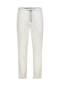 White trousers made of a smooth fabric, featuring a drawstring waistband with contrasting texture, rolled hems, and a relaxed fit.
