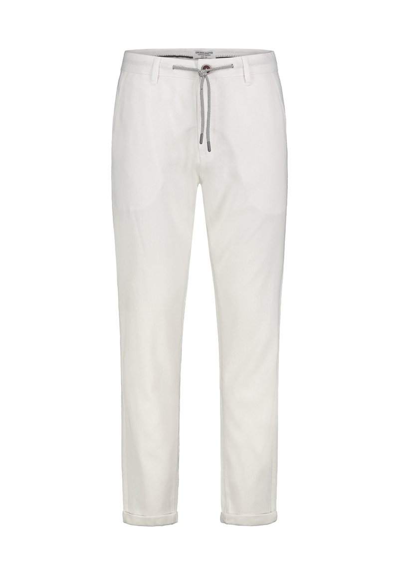 White trousers made of a smooth fabric, featuring a drawstring waistband with contrasting texture, rolled hems, and a relaxed fit.