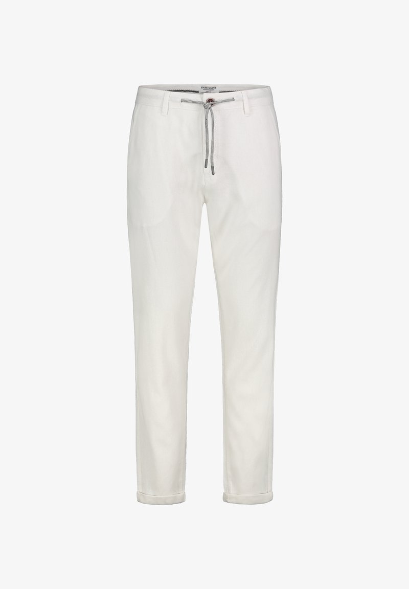 White trousers made of a smooth fabric, featuring a drawstring waistband with contrasting texture, rolled hems, and a relaxed fit.