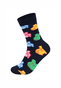 Námořnické ponožky s živými postavičkami žab v růžové, zelené, modré, oranžové a žluté barvě. Vyrobené z měkké bavlny s vroubkovaným lemem.