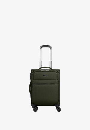 Grüne Stoff-Reisetasche mit Teleskopgriff, Vordertasche mit Reißverschluss und vier drehbaren Rollen für eine einfache Manövrierbarkeit.