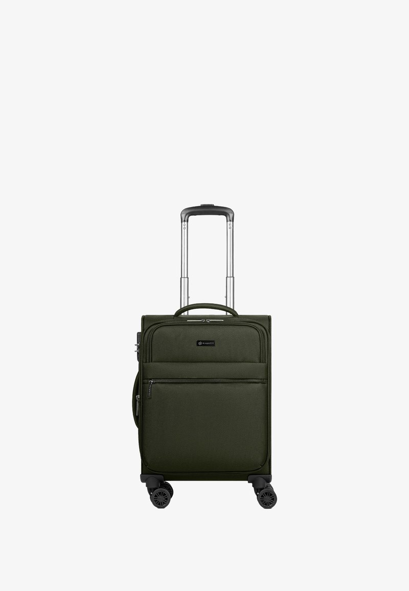 Groene stoffen handbagagekoffer met een telescopische handgreep, een voorvak met rits en vier draaibare wielen voor gemakkelijke manoeuvreerbaarheid.