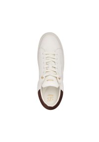 White leather sneaker with round toe, beige laces, gold logo accent, and dark brown heel detail. Textured surface and padded collar.