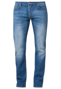 Blå denimjeans med rak benpassform, med dragkedja, fem fickor och blekta sektioner på framsidan för ett använt utseende.