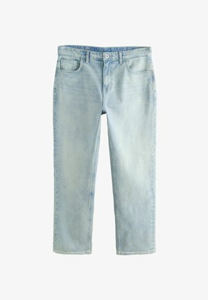 Heledad sinine teksapüksid sirge lõikega, mis on varustatud klassikalise viie-tasku kujundusega, kerge pleekimisega ja turvalise nööbiga vöökoha juures.