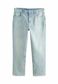 Jeans drepti de culoare bleu deschis, confecționa�ți din denim, având un design clasic cu cinci buzunare și o fermoar cu închidere prin buton.