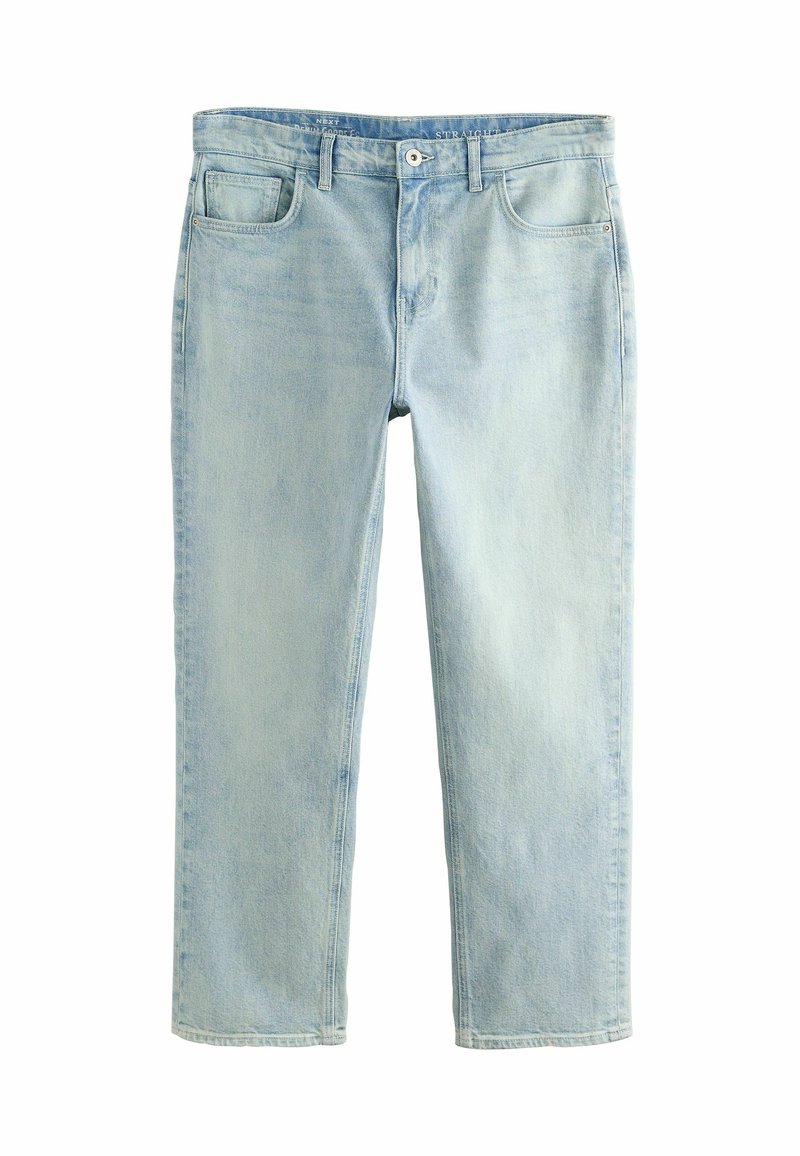 Světle modré džíny rovného střihu vyrobené z denimu, s klasickým designem pěti kapes a s zipem a knoflíkovým zapínáním.