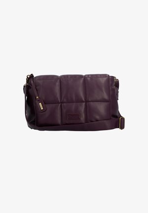 Crossbody bag in deep purple leather with a quilted design, featuring a gold-tone hardware accent and an adjustable strap. Rectangular shape.