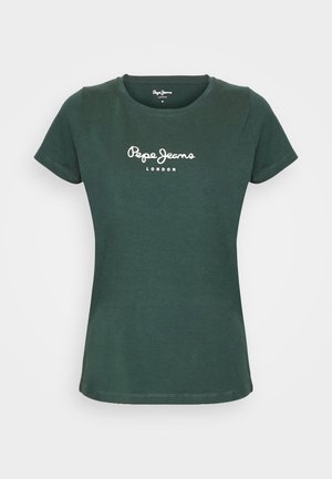 Temnozelena kratka majica s kratkimi rokavi, izdelana iz bombaža. Ima okroglo ovratnico in belo logo "Pepe Jeans London" na prsih.