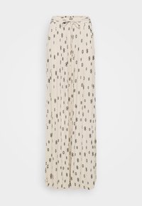 Jupe longue crème avec des motifs en losange et floraux noirs, design plissé, taille ajustable avec lien, tissu léger.