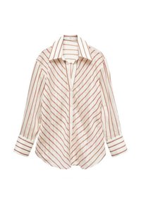 Camicia bianca a maniche lunghe con righe verticali rosse. Presenta un colletto classico, chiusura con bottoni e polsini con finiture pulite. Tessuto leggero.