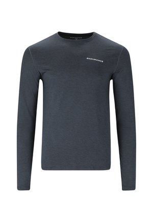 Mørkeblå langærmet træningsskjorte med rund hals. Fremstillet af et strækbart, åndbart stof. Har "ENDURANCE" logo i hvid på brystet.