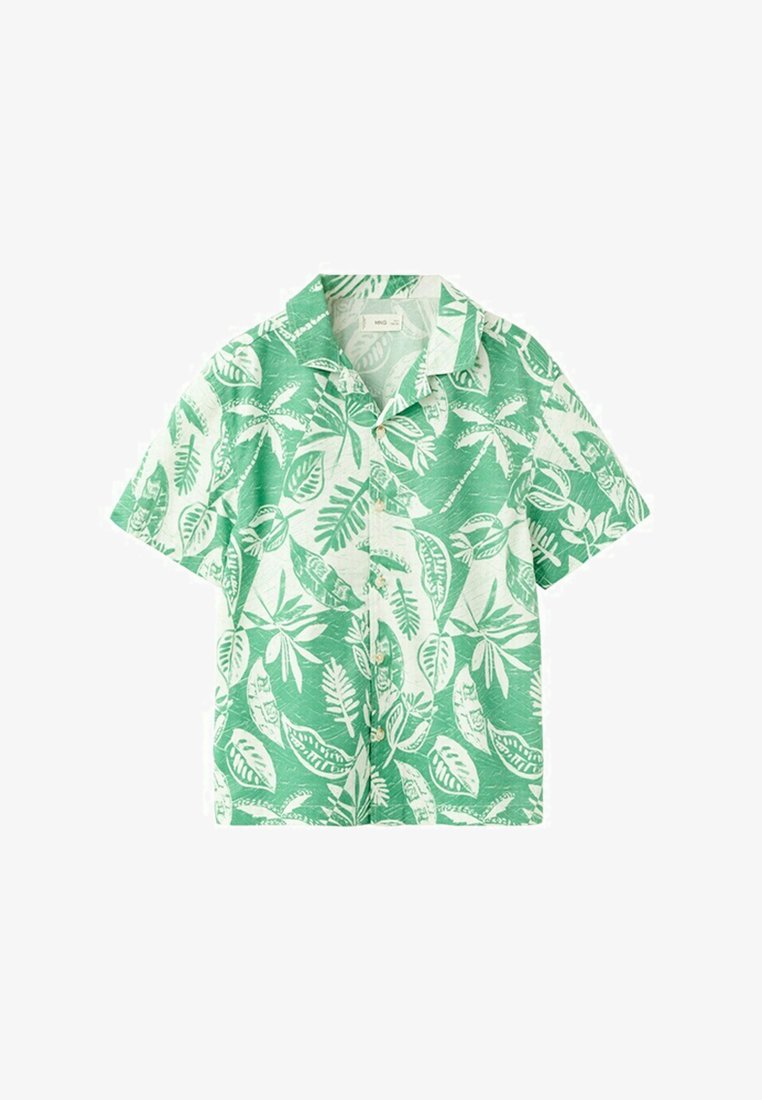 Chemise à manches courtes verte et blanche à boutons, avec motifs de feuilles et de plantes tropicales, col évasé et une poche poitrine.