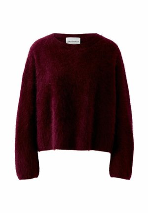 Burgunderfarbener Kaschmirpullover mit einer weichen, flauschigen Textur, rundem Ausschnitt und langen Ärmeln. Die verkürzte Länge betont eine lässige Passform.