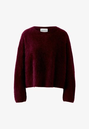 Burgunderfarbener Kaschmirpullover mit einer weichen, flauschigen Textur, rundem Ausschnitt und langen Ärmeln. Die verkürzte Länge betont eine lässige Passform.