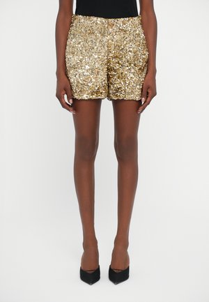 Gullfargede paljett-shorts med rett snitt, som har en glatt tekstur og glitrende finish. Designet har en tettsittende passform og en middels høy talje.