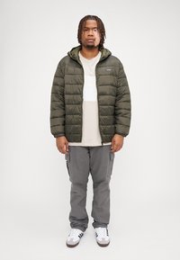Olivgrüne Steppjacke mit Reißverschluss, aus leichtem Material, mit seitlichen Taschen, getragen über einem beigen T-Shirt, kombiniert mit grauen Cargohosen und weißen Sneakers.