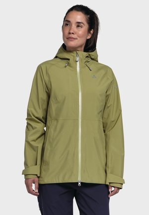 Wasserdichte grüne Jacke mit Reißverschluss vorne, verstellbarem Kapuzen- und Ärmelsäumen. Sie verfügt über eine glatte Textur und dezente Logoakzente.
