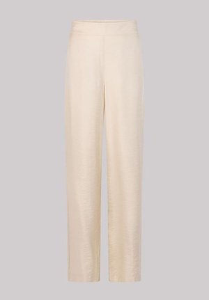 Beige wijde broek met een hoge tailleband, gemaakt van een soepele stof, met een subtiele textuur en geen zichtbare zakken of sluitingen.