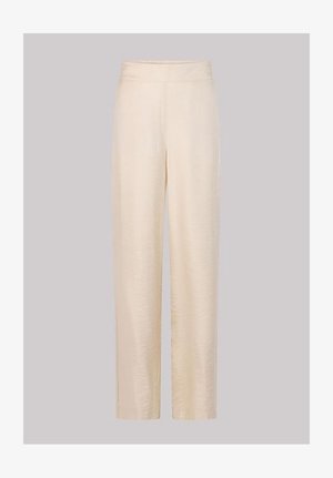 Beige wijde broek met een hoge tailleband, gemaakt van een soepele stof, met een subtiele textuur en geen zichtbare zakken of sluitingen.