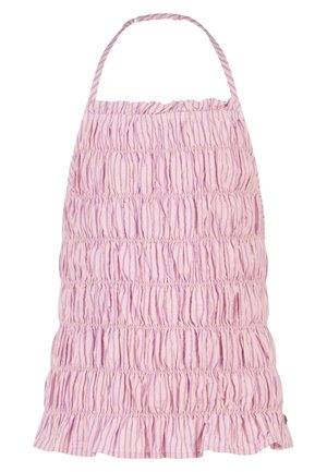 Roze en lavendel gestreepte mouwloze jurk met geplooide, gerimpelde stof en een halsbandje aan de nek.