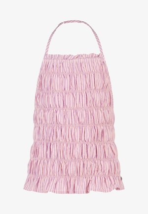 Roze en lavendel gestreepte mouwloze jurk met geplooide, gerimpelde stof en een halsbandje aan de nek.