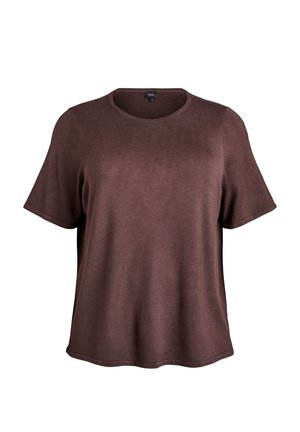 Camiseta marrón de manga corta confeccionada en tela suave, con cuello redondo y corte holgado. Diseño sin costuras con textura lisa en toda la prenda.