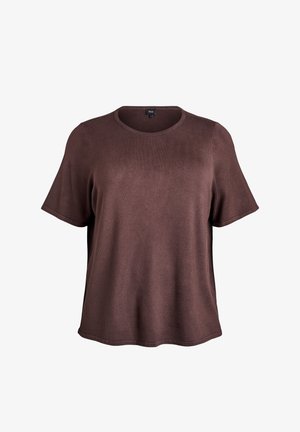 Smeđa majica s kratkim rukavima od mekane tkanine s okruglim izrezom i opuštenim krojem. Bešavni dizajn s glatkom teksturom na cijeloj površini.