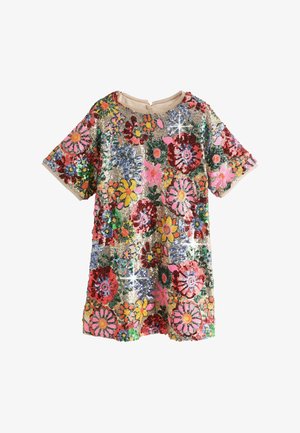 Kurzarmkleid, bedeckt mit bunten, paillettenverzierten Blumenmustern, darunter rote, pinke, gelbe, blaue und grüne Blumen auf beige Hintergrund.