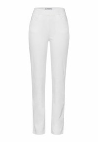 Weiße, schlanke Hose mit glatter Textur und elastischem Bund. Verfügt über Standarttaschen und ein gerades Bein-Design.