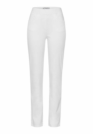 Pantalons blancs ajustés avec une texture lisse et une taille élastique. Comprend des poches standard et un design à jambes droites.