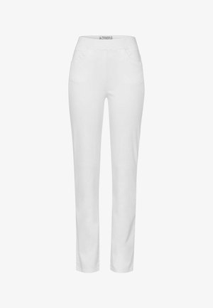 Pantaloni bianchi slim-fit con una texture liscia e una vita elastica. Presentano tasche standard e un design a gamba dritta.