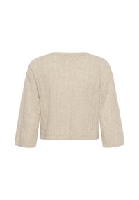 Pull beige à manches longues texturé, vu de dos, avec ourlet droit, encolure ronde et maille à motif subtil.