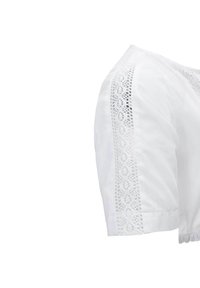 White blouse with short sleeves, featuring lace detailing on the shoulders. Lightweight cotton fabric with a gathered hem and smooth texture.