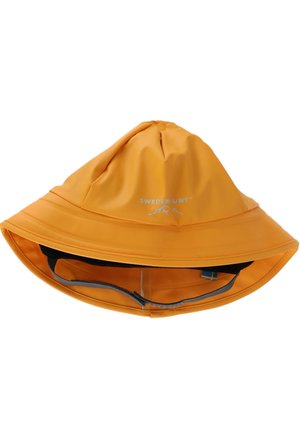 Gul vandtæt bøllehat med bred skygge, justerbar hakestropp og "Swedemount" logo centreret foran.