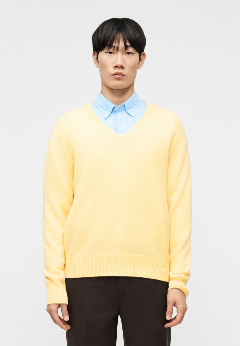 Νέος άνδρας που φοράει ανοιχτοκίτρινο πουλόβερ με V λαιμόκοψη πάνω από ένα ανοιχτό μπλε πουκάμισο με κουμπιά και σκούρο παντελόνι, στέκεται μπροστά σε απλό λευκό φόντο.