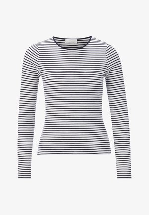 Pikkade varrukatega tipp valgete ja tumesiniste horisontaalsete ribadega. Ribikoes, ümmarguse kaelusega ja istuva siluetiga. Klassikaline vabaaja disain.