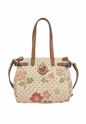 Cream handbag with brown leather handles and detachable strap, adorned with pink, red, and blue floral pattern and small red polka dots.