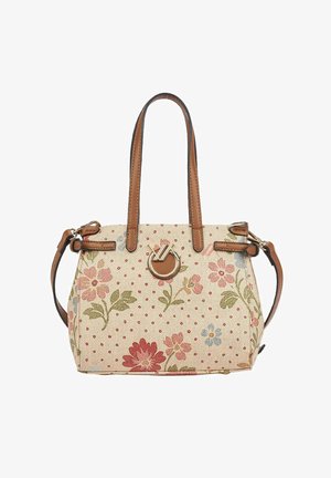 Bolso crema con asas de cuero marrón y correa desmontable, adornado con un patrón floral en rosa, rojo y azul y pequeños lunares rojos.
