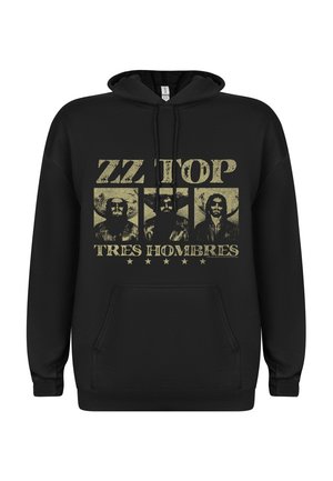 Zwarte hoodie met een vooraanstaande grafische print van drie figuren en de tekst "ZZ TOP TRES HOMBRES" in verweerd gouden letters.