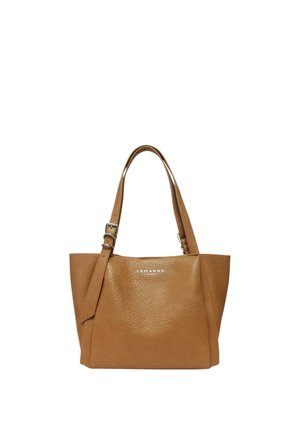 Borsa a mano di pelle color cuoio di media grandezza con due spallacci, dettaglio fibbia e logo "ERMANNO FIRENZE" al centro davanti.