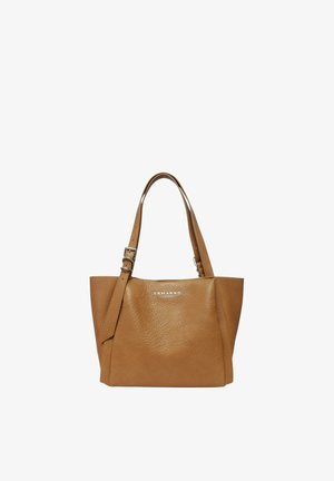 Borsa a mano di pelle color cuoio di media grandezza con due spallacci, dettaglio fibbia e logo "ERMANNO FIRENZE" al centro davanti.