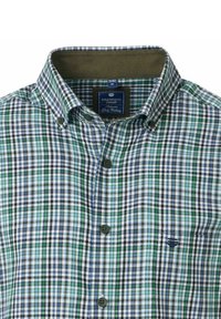 Geruit overhemd met knopen in groen, blauw en wit. Heeft een klassieke kraag, twee knopen en een klein logo op de borst. Gemaakt van katoen.